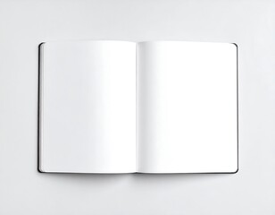 Open blank notebook on white background; flat lay
