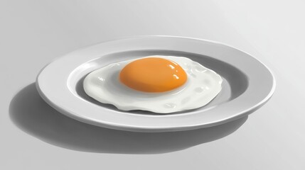 Soft shadows surround a single fried egg on a white ceramic plate, adding depth on white