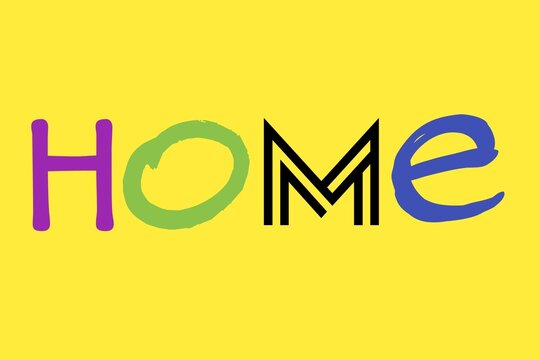 A vibrant "HOME" text with each letter in a unique, playful style and color (purple, green, black striped, blue) set against a bright yellow background. - Powered by Adobe