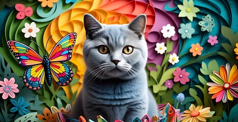 British Shorthair cat with a colorful butterfly and the fresh garden in quilling paper style.