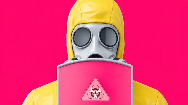 Concept art featuring a person in a gas mask holding a biohazard sign against a vibrant pink background. Bioterrorism / Disaster Education and Awareness Month