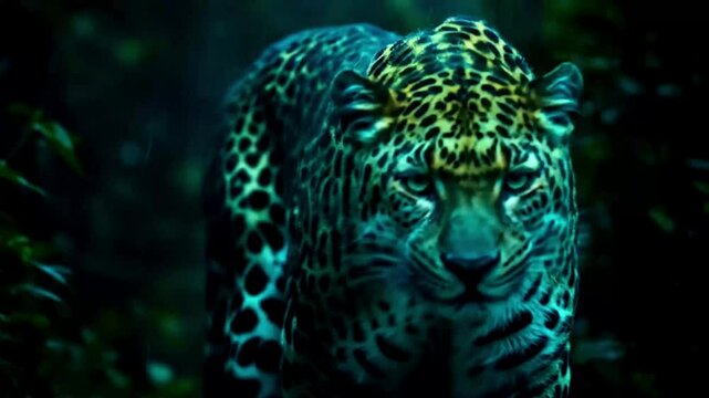 Cinematic ultra-detailed wildlife video of vibrant surreal leopard with green-blue fur prowling rain-soaked jungle, slow-motion movement, glistening foliage, hyper-realistic 8k textures