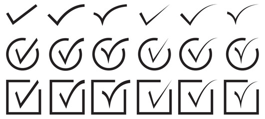 Check mark and red cross icon set, circle and square. Tick symbol in  black color. Hand drawn checkmark Vector illustration.