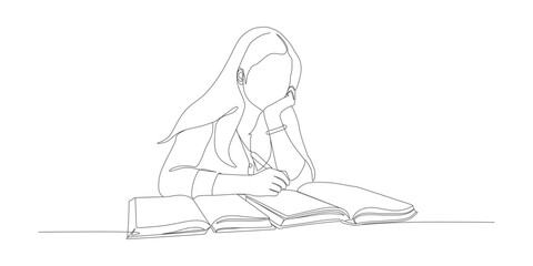 Girl Studying with Books in Line Art Style