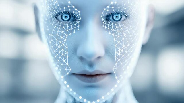 A futuristic AI chatbot avatar with glowing facial features, connected to neural network lines in the background.