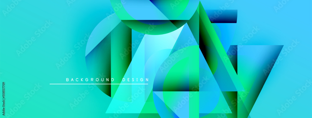 Poster abstract geometric shapes overlap, creating vibrant turquoise, green gradients. modern design elemen