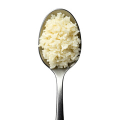 Cooked rice on spoon, showcasing its fluffy texture and white color, perfect for culinary presentations and food photography