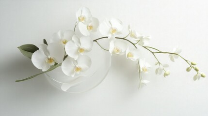 Obraz premium Top-down view of flowering orchid plant in circular pot on white studio surface