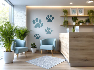 Empty vet clinic waiting area with comfortable armchairs, houseplants, paw print decoration, and wooden reception desk