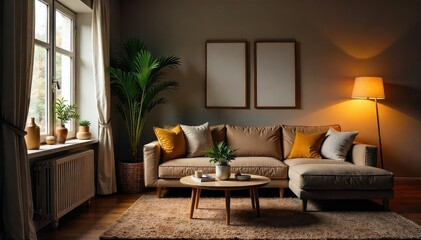 Fototapeta premium Cozy living room with a comfortable sofa, coffee table, and warm lighting, creating a relaxed and inviting atmosphere perfect for a quiet evening at home , interior design, rug