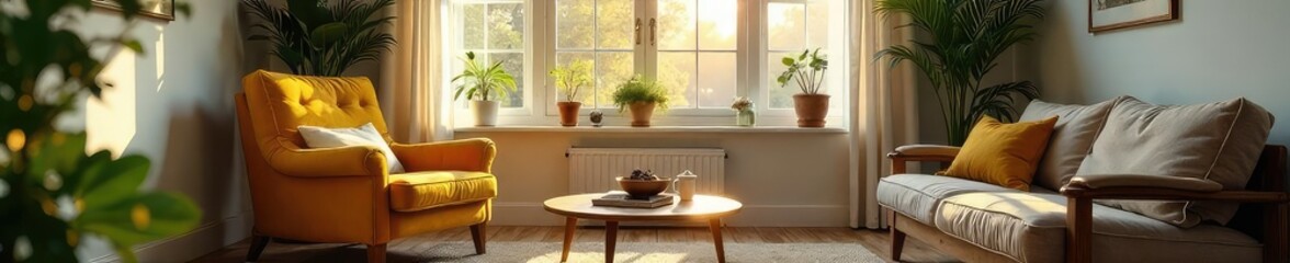 Cozy living room scene with armchair, coffee table, houseplants, and a warm, inviting atmosphere Perfect for home decor, family, comfort, and relaxation themes , warm, green