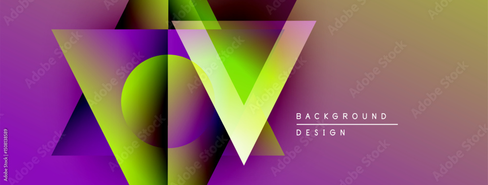 Aufkleber Abstract geometric design. Vibrant purple, green gradients form triangular shapes. Modern background with text elements.