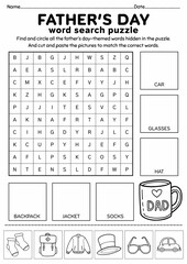 Father's Day Word Search Puzzle for Kids, Father's Day Activity, Cut and Paste Activity, Printable Puzzle Game, Fun Vocabulary Worksheet
