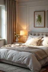 Cozy bedroom interior, soft lighting, inviting atmosphere, perfect for relaxation and peaceful sleep  Elegant bedding, plush pillows, tranquil scene ,  night, bedroom,  cozy