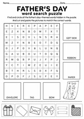 Father's Day Word Search Puzzle for Kids, Father's Day Activity, Cut and Paste Activity, Printable Puzzle Game, Fun Vocabulary Worksheet