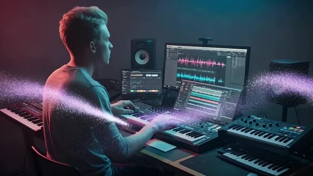 Music producer working in a modern studio