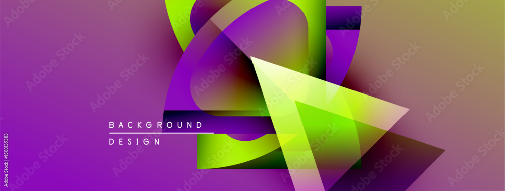 Poster abstract vibrant design features overlapping geometric shapes. purple, yellow, green hues create dyn