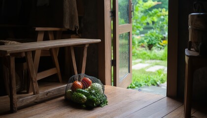 Net bag with fresh tomatoes and zucchini on the floor near an open door. Rainy garden view, rustic interior, cozy earthy tones. Ideal for organic lifestyle or seasonal content