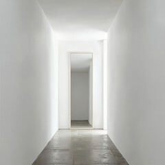 Fototapeta premium Minimalist white hallway with polished concrete floor and tall rectangular mirror, showcasing clean architectural lines and serene modern spatial design