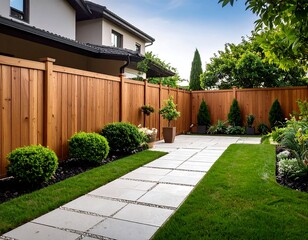 Obraz premium Landscaped backyard with a wooden fence, stone pathway, and lush greenery (1)