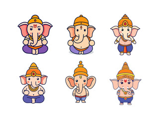 Cute Ganesha Chibi Cartoon Vector Set – Adorable Hindu Elephant God in Kawaii Style for Cultural Designs, Spiritual Projects, and Children’s Art