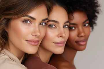 Fototapeta premium Diverse group of women showcasing natural beauty and unity in a soft, neutral-toned setting