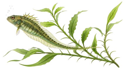 Detailed Watercolor Illustration of a Tube Snout Fish Swimming Among Aquatic Plants with Bubbles Isolated on White Background for Scientific or Artistic Purposes