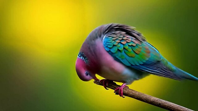 Ultra-realistic cinematic close-up video of vibrant colorful dove perched on branch, detailed feather textures, golden-green dreamy bokeh, soft camera movements, hyper-detailed 8k wildlife scene