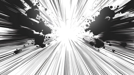 Black ink splatter explosion speed lines white background abstract illustration for comic book manga anime background
