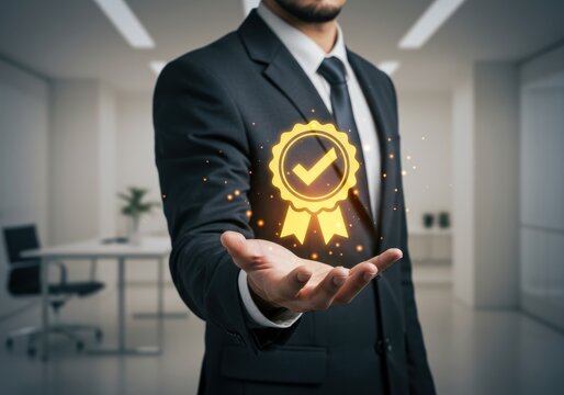 Businessman holding a glowing award badge representing quality assurance and success