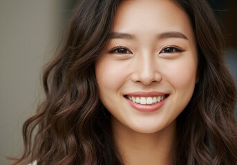 Fototapeta premium Portrait of a young asian woman with a beautiful smile and wavy brown hair