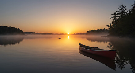 Serene Sunrise over Misty Lake with Canoe Peaceful Dawn Landscape