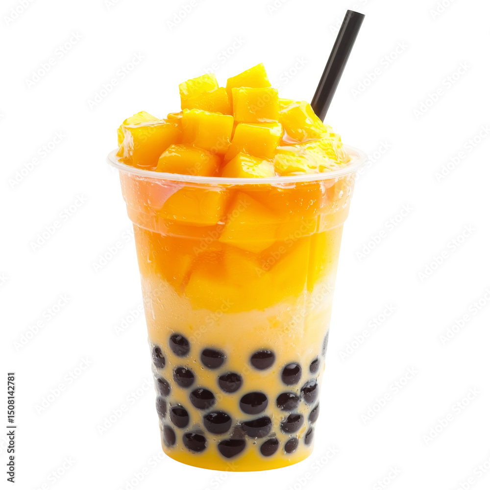 Poster mango bubble tea with tapioca pearls, refreshing and vibrant drink topped with fresh mango chunks. p