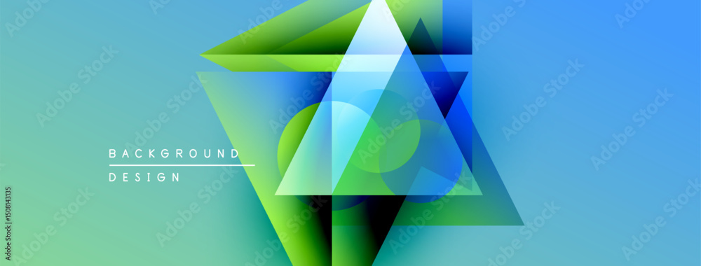 Poster abstract geometric shapes overlap, creating vibrant gradient effect. blue, green hues dominate desig