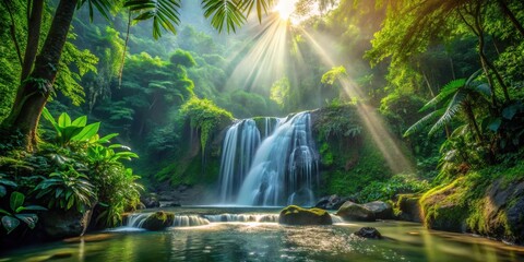 Serene Waterfall in Lush Tropical Rainforest Sunlight Dapples Through Canopy, Creating Magical Atmosphere