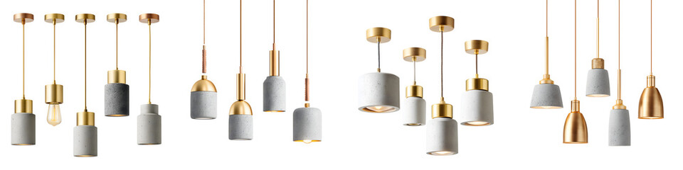 Elegant hanging pendant lights featuring a mix of gold and concrete materials, showcasing modern design with sleek finishes suitable for contemporary decor and artistic interiors