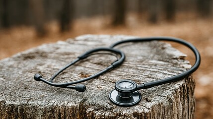 Black stethoscope resting on a tree stump.
