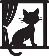 cat shape, window scene, feline silhouette, cozy cat, house window, pet silhouette, indoor cat, cat profile, sitting cat, peaceful window, home decor icon, curious cat