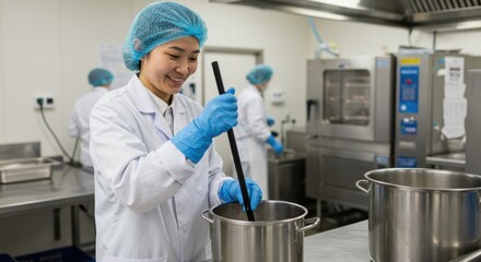 Smiling Scientist or Food Technologist Working in a Food Production Lab, food science, laboratory, lab, scientist, technologist, research, development
