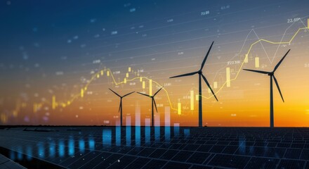 Renewable Energy Concept with Solar Panels and Wind Turbines at Sunset – Sustainable Green Technology