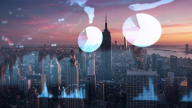 New York City skyline at sunset, overlaid with financial data visualizations - Powered by Adobe