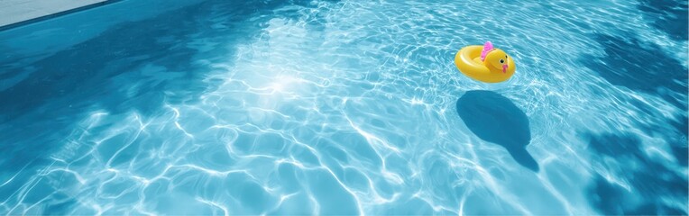 Fototapeta premium Duck pool float toy swims in the clear, sunlit water of a swimming pool on a summer day