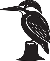 Fototapeta premium Kingfisher perched on stump silhouette, Bird resting illustration black white