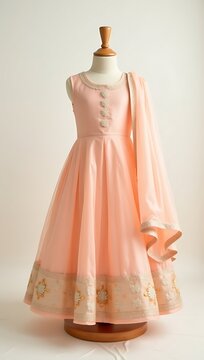 Sleeveless frock in pastel peach with zari border and dupatta on mannequin bust for Indian girl festive collection
