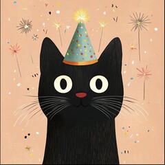 Obraz premium Festive Black Cat with Party Hat and Colorful Background
