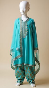 Indian Patiala salwar kameez in turquoise with printed dupatta displayed on mannequin for kidswear collection
