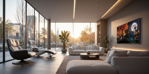 Mocha Musse futuristic lounge area with AI-powered reclining chairs that adjust to the user's preferred seating position, providing ultimate comfort.