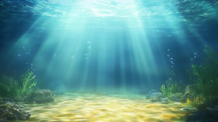 Underwater Scene with Sunlight and Marine Plants and Rocks