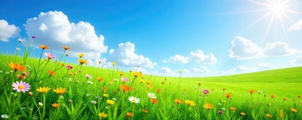 Fototapeta premium A thriving, lush green meadow filled with wildflowers under a vibrant blue sky; a tranquil scene representing the beauty and potential of nature-based businesses , colorful, summer, conservation