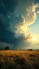 Naklejka premium A sun-drenched landscape with ominous storm clouds gathering on the horizon, conveying a sense of impending danger despite the bright sunshine , storm clouds, impending doom